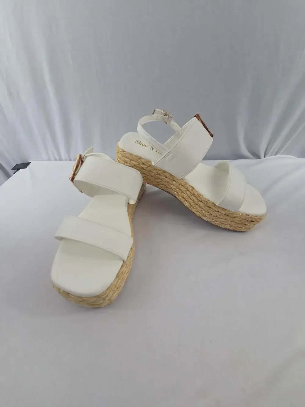 Shoe' N Tale White Platform Espadrille Wedge Sandals with Gold Buckle Details